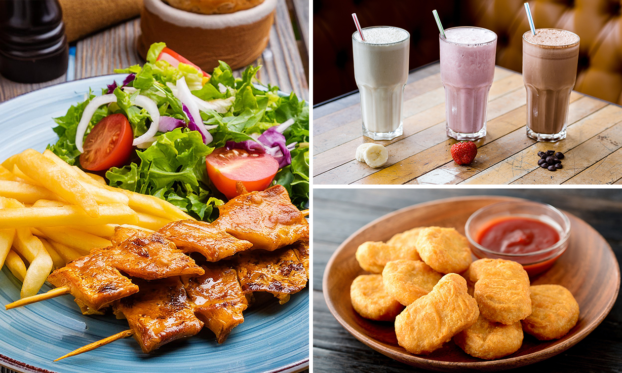 Schotel naar keuze + patat + saus + evt. milkshake of frisdrank