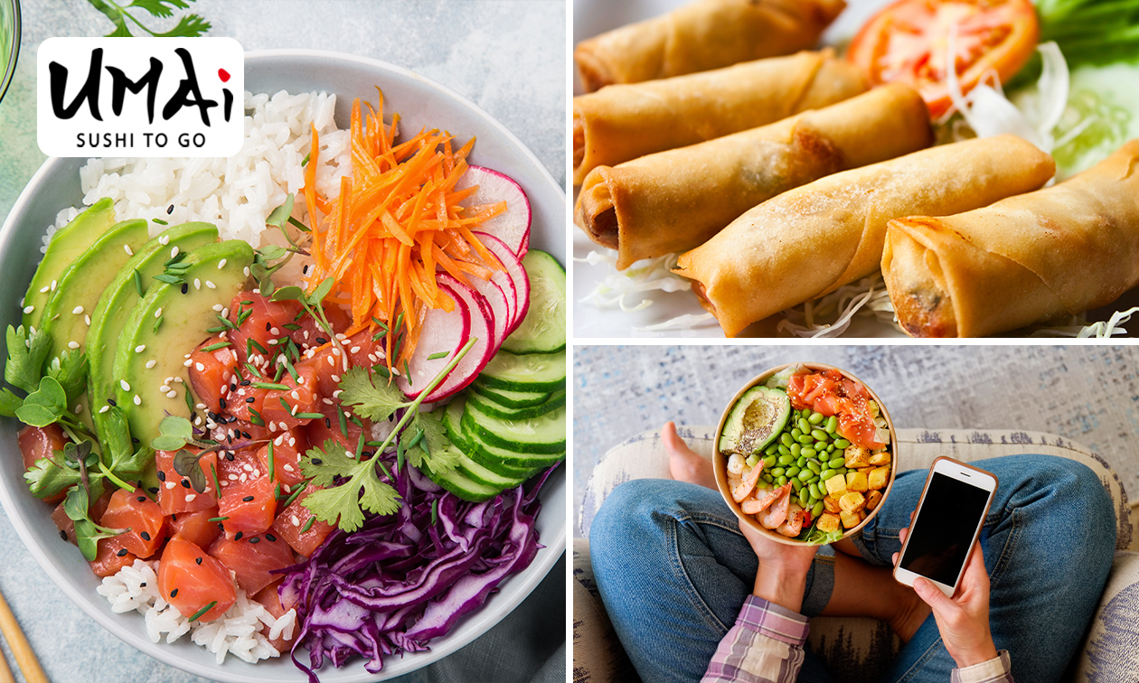 Pokébowl + loempia's voor afhaal van Umai Sushi To Go
